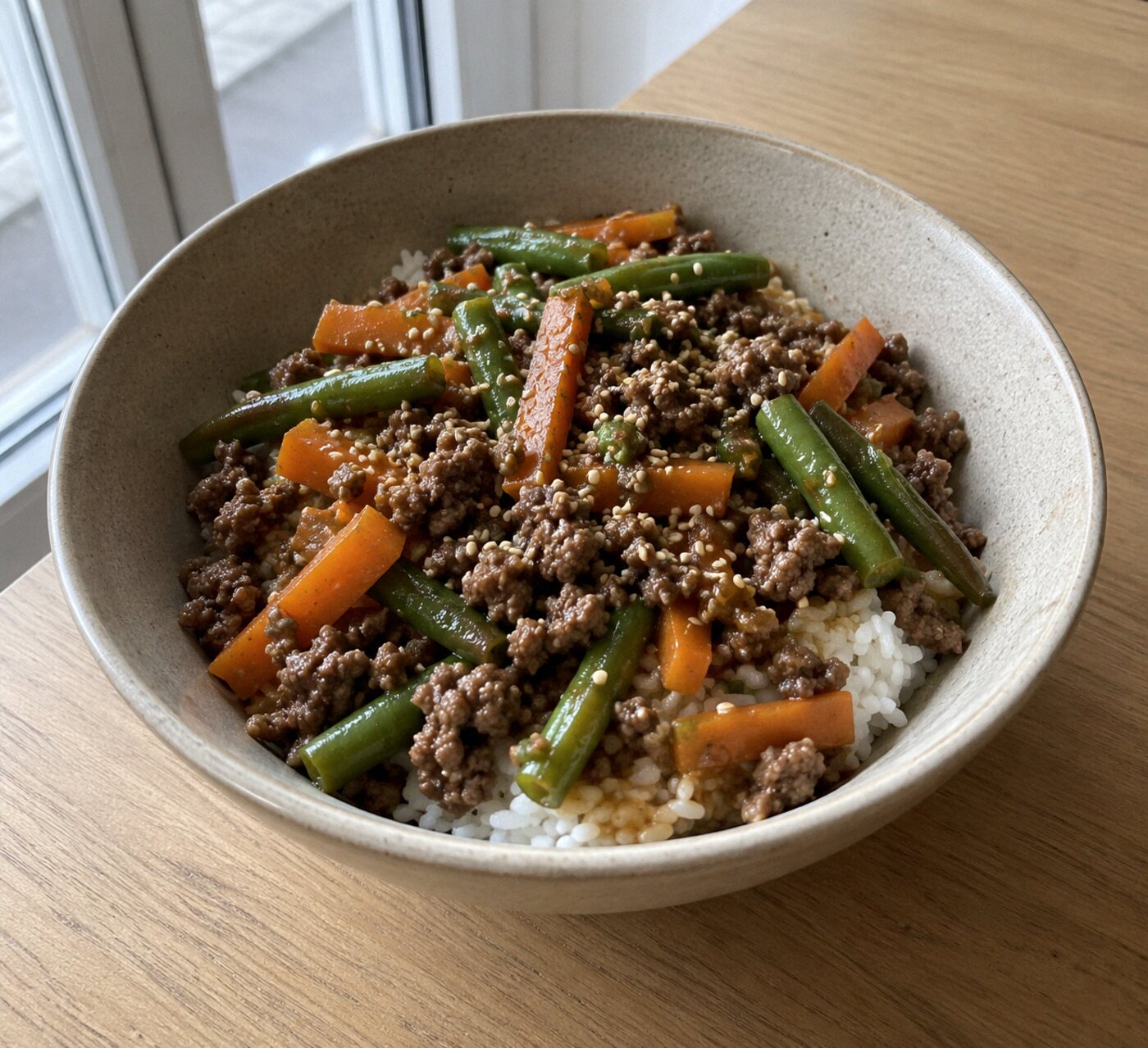 Koreaanse rijstbowl met rundsgehakt